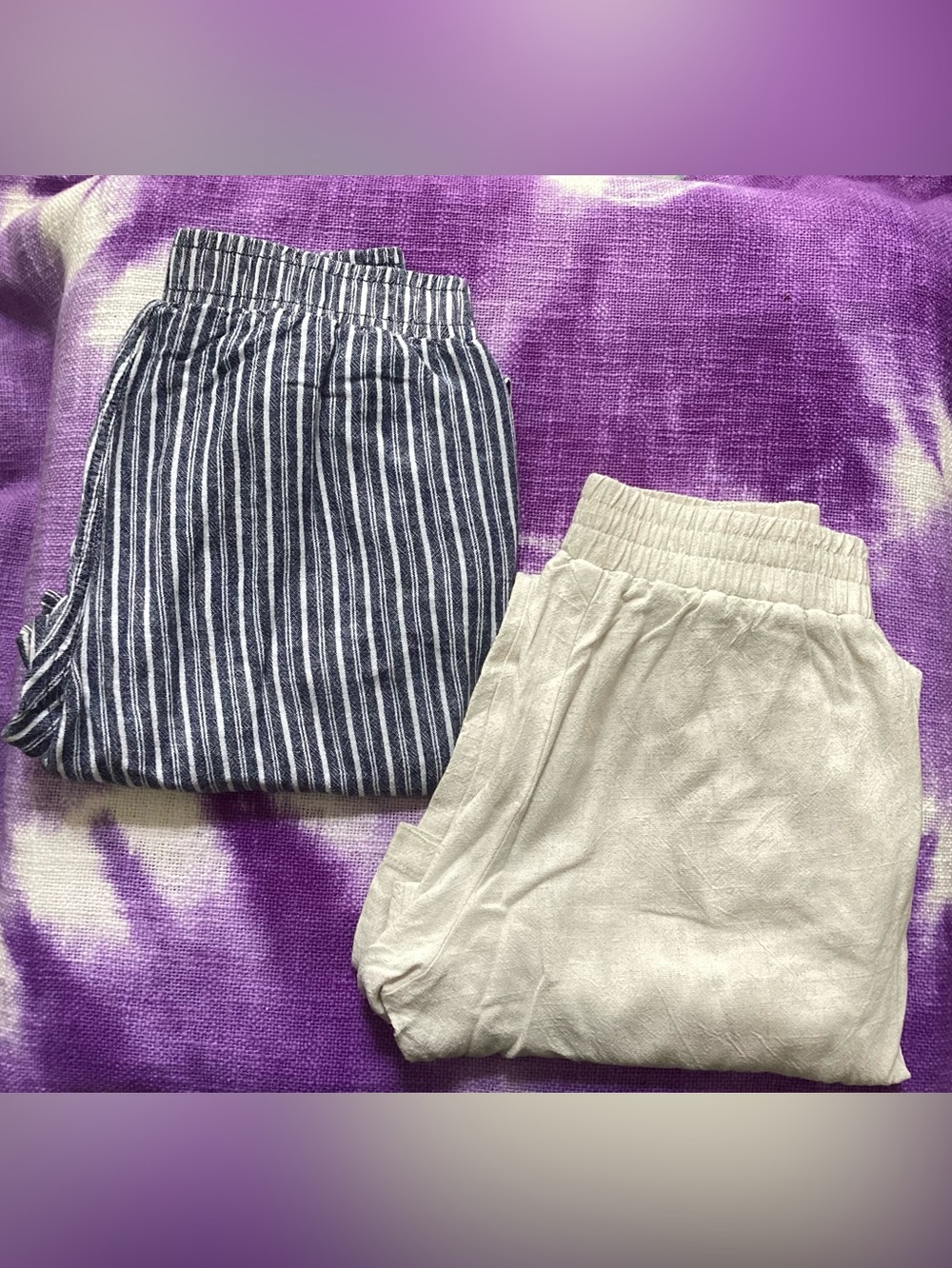 2 Pair Elastic-Waist Linen-Blend Wide Leg Pants - Cream & Navy Stripe